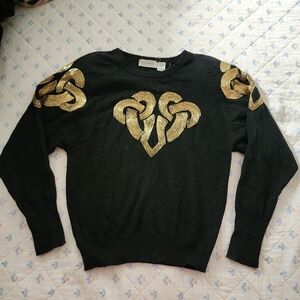 Vintage Black & Gold Beaded Wool And Angora Sweater, Small.